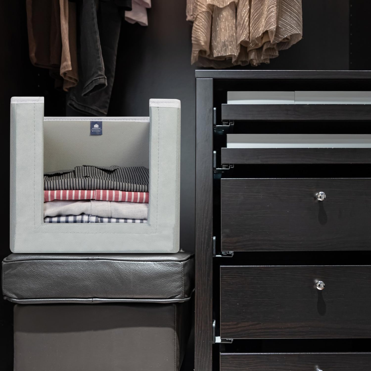 HomeStrap Set Of 4 Non Woven Shirt Stacker/Cloth Storage Foldable Wardrobe/closet Organizer With Handle For T-shirts, Shirts & Clothes (Grey)(Featured on Shark Tank)